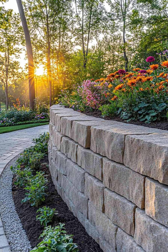Stacked stone retaining wall with landscape plantings